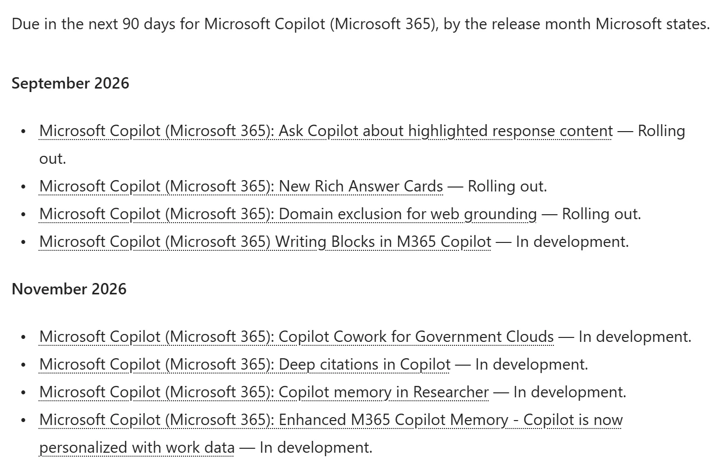 Monday Edge answering in Microsoft 365 Copilot: what is due for Microsoft Copilot in the next 90 days, grouped by the release month Microsoft states, each item linked to its roadmap entry.