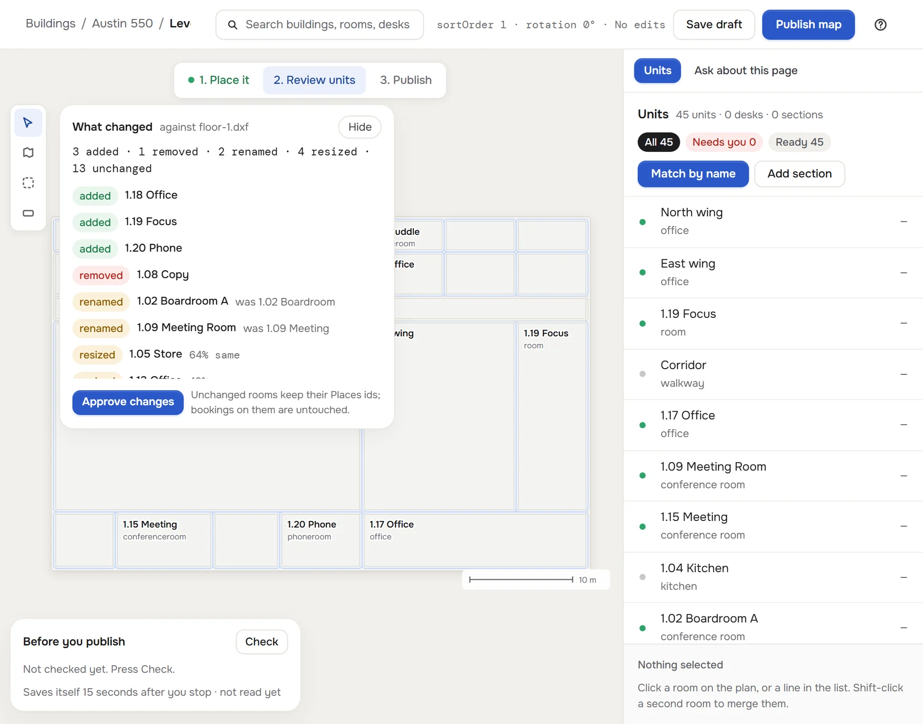 Placemark showing what changed in a revised floor plan — added, removed, renamed and resized rooms — with an Approve changes button
